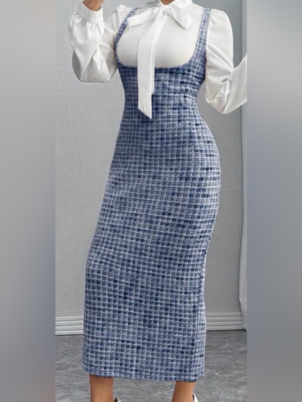 Sleeveless Check Midi Dress in Navy (white shirt not included)